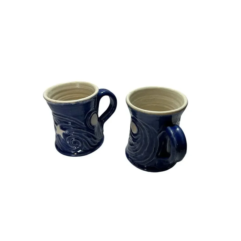 Handmade Art Ceramic Pottery Pair Of Sun And Moon Mugs Blue And White 2 Cups